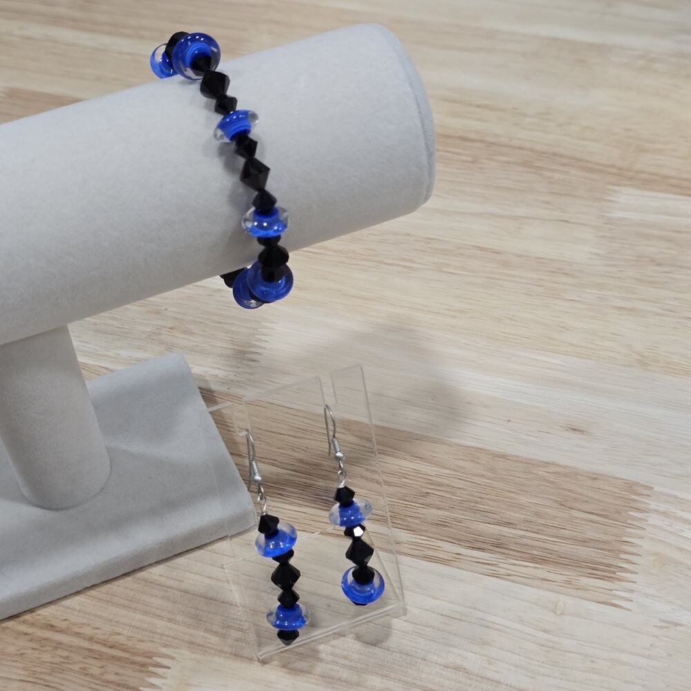 Artisan Created Blue Bicolor & Black Glass Beaded Bracelet Earrings Jewelry Set